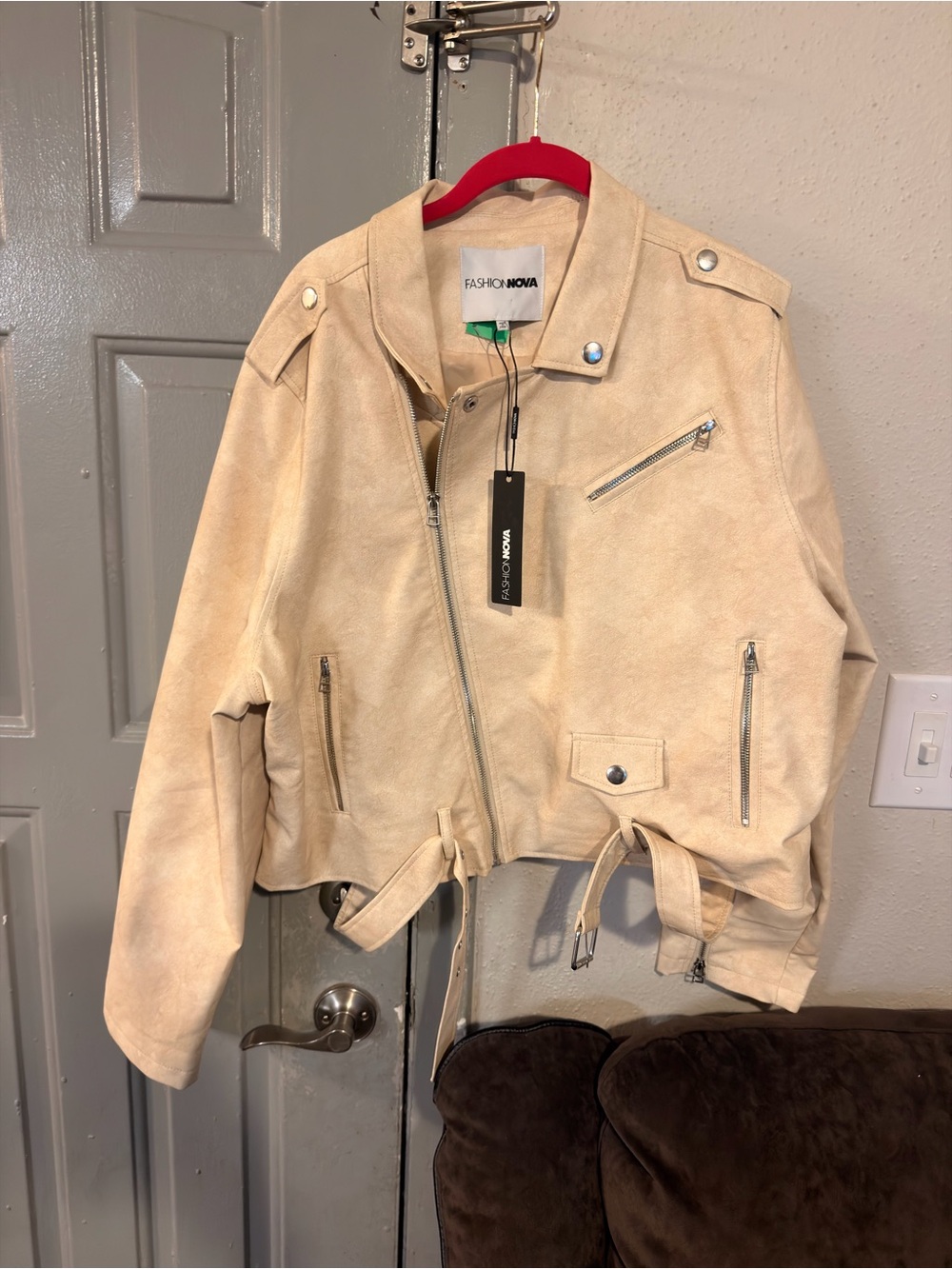 Fashion Nova Cream Cropped Moto Jacket with Belt - Picture 8 of 8
